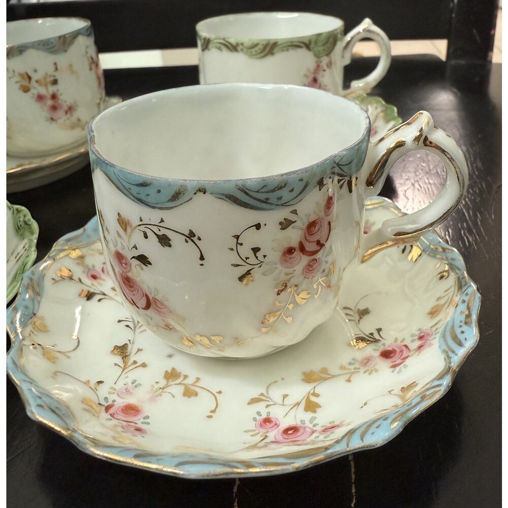 Antique Nippon Dow Sie Cot Ure Late 1800s 4 Tea Cups 4 Saucers Gold Trim Hand
